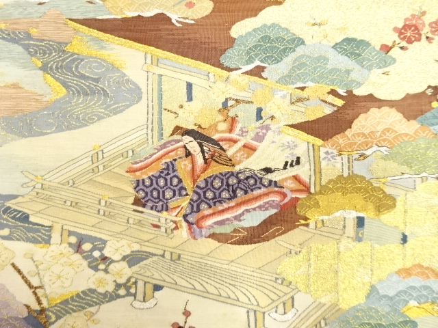 アンティーク　明綴れ　平安人物風景模様織り出し袋帯